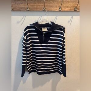 Elie Tahari Navy Blue and White Striped Collar Sweater with Zipper Size S